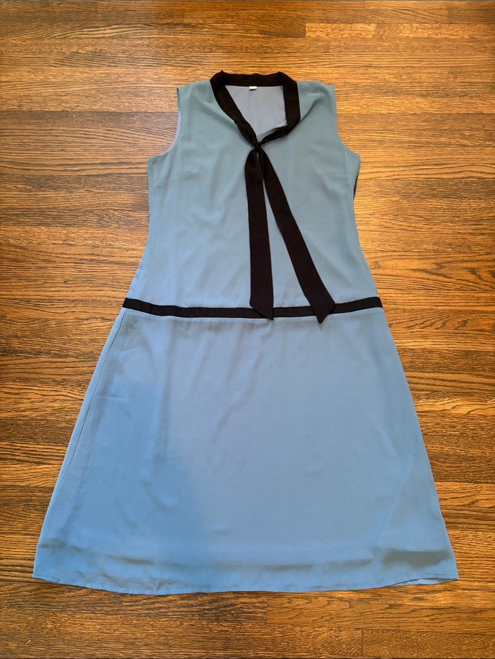 Blue Sleeveless Tie-Neck A-Line Dress with Black Trim